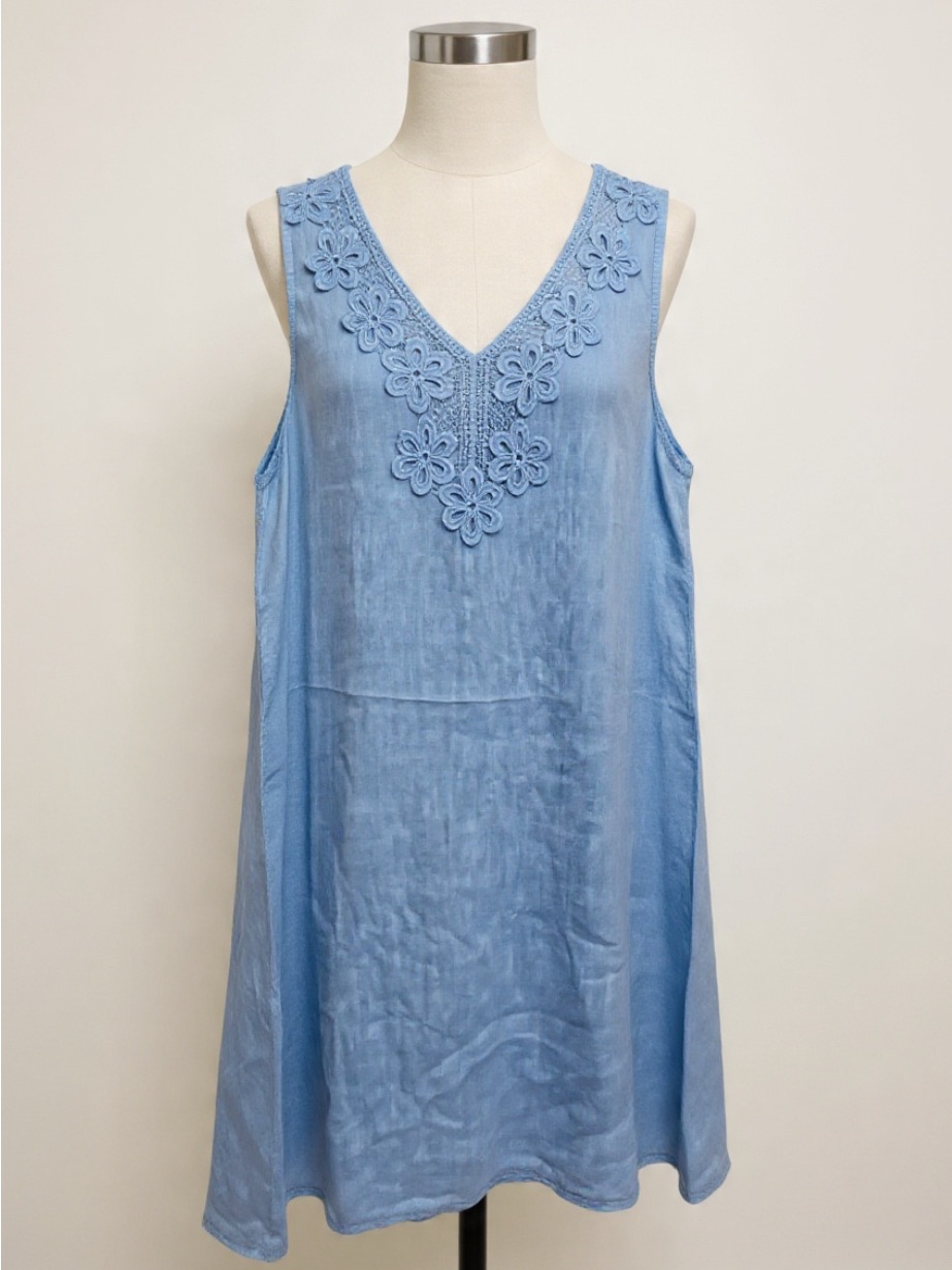 Rosemarine Blue Linen Blend Sleeveless Dress -Floral Crochet V Neck Sz L